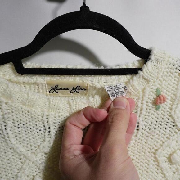 Vintage Cottage Crochet Knit Sweater Cream Pink Flowers‎ Gma Prairie Fairy Sz S - Picture 2 of 4